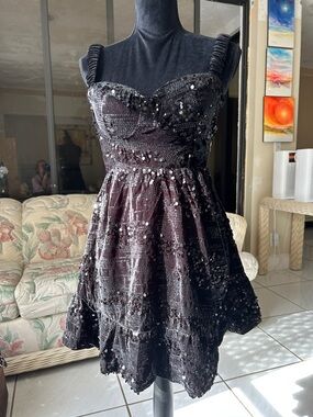 Black Sequin Mini Dress with Ruched Straps
